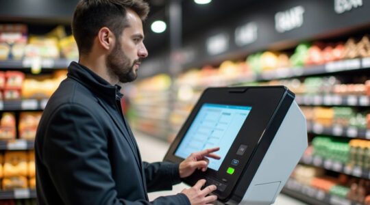 A man using a self-service kiosk in a supermarket