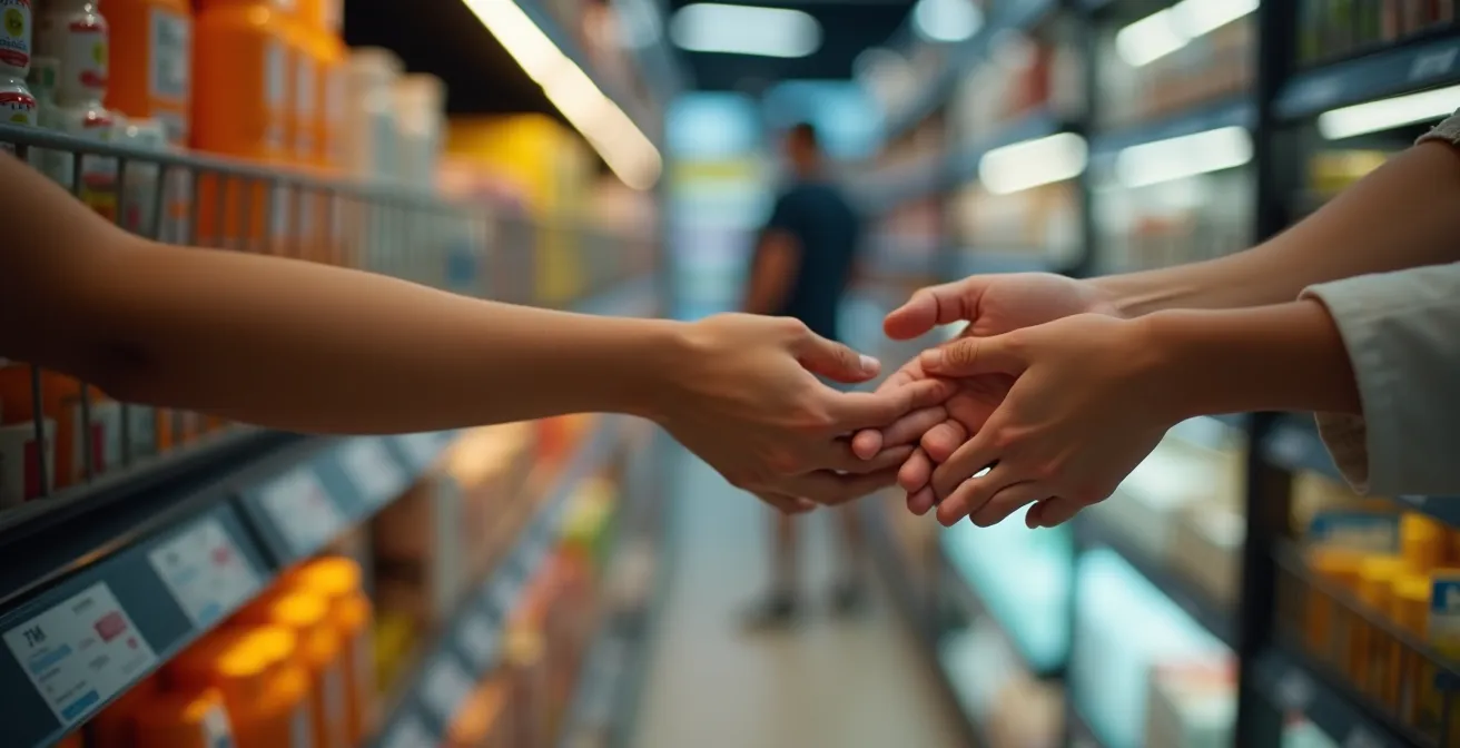 Close-up of hands navigating through a physical retail environment
