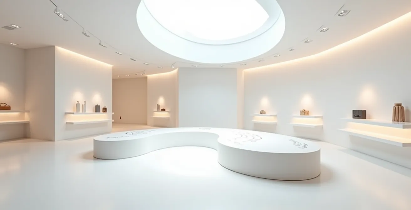 Wide angle view of modern retail interior with strategic display positioning